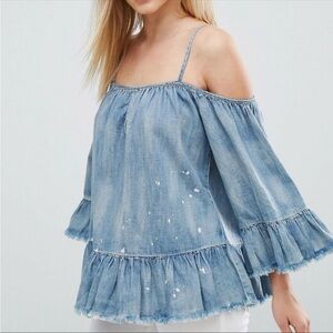 BLANKNYC Blue Chambray Cold-Shoulder Top